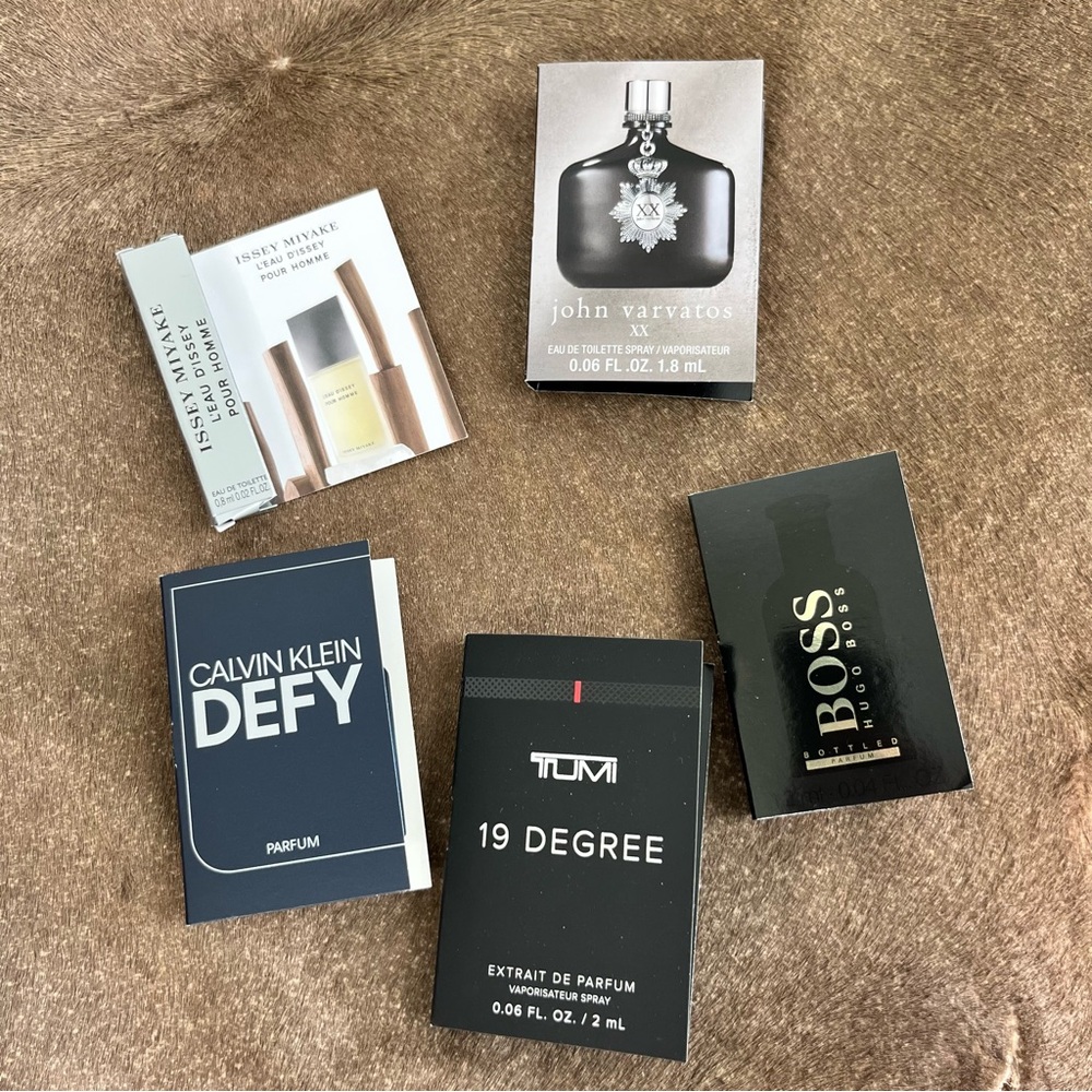 Men's Sampler Travel Set of 5 Fragrance Scent Set Tumi Issey Miyake John Varvato